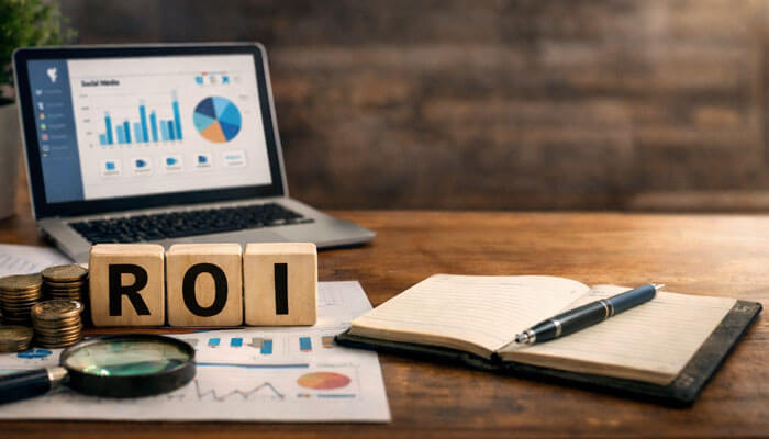 How to Measure the ROI of Content Curation on Social Media - Startupeditor | Startup Editor How to Use Content Curation on Social Media illustrated through ROI blocks, analytics charts, laptop data, and content performance tracking tools.