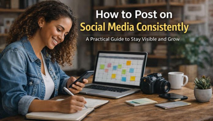 Woman planning content at a desk with laptop and calendar showing how to post on social media consistently