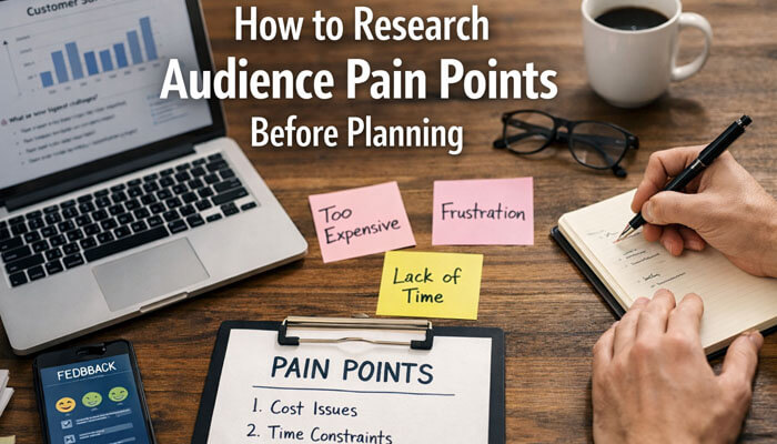 How to Research Audience Pain Points Before Planning - Startup Editor | Startup Editor Person researching audience pain points before creating a social media content plan, with sticky notes highlighting key challenges.