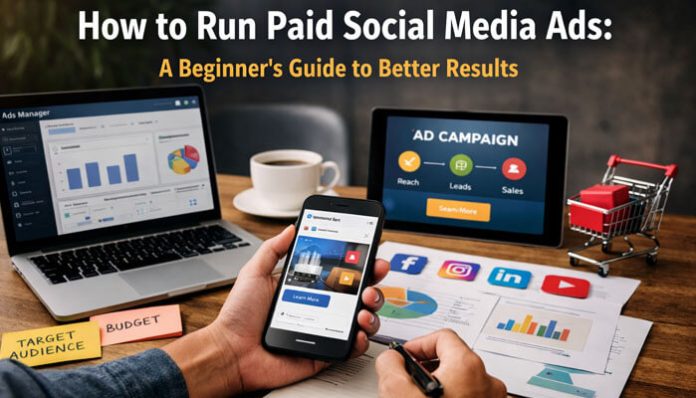 Workspace showing devices, campaign dashboards, and analytics to illustrate how to run paid social media ads effectively for better results.