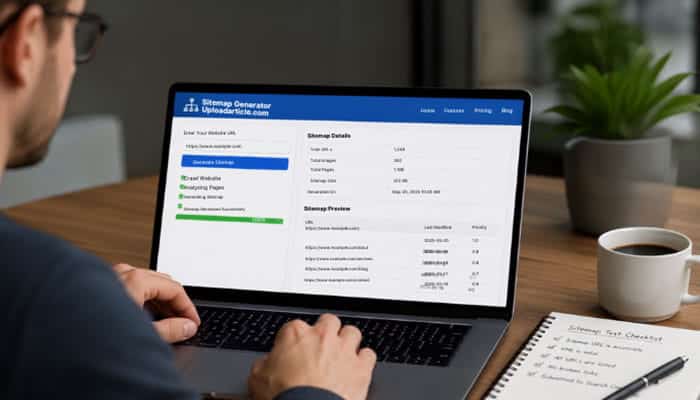 How to Test Sitemap Generator Uploadarticle | Startup Editor Sitemap Generator Uploadarticle.com tool generating an XML sitemap and analyzing website URLs for search engine crawling.