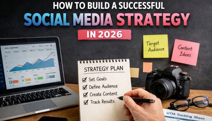 How to Build a Successful Social Media Strategy with a strategy plan, laptop analytics, target audience notes, and content ideas for 2026