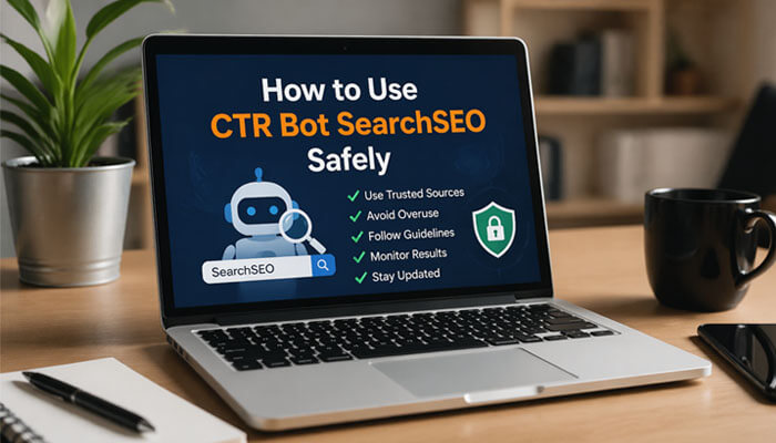 How to Use CTR Bot SearchSEO Safely - Startup Editor | Startup Editor CTR Bot SearchSEO: A guide on using CTR Bot SearchSEO safely. This image highlights key safety tips for using the tool, including using trusted sources, avoiding overuse, following guidelines, monitoring results, and staying updated to prevent penalties while boosting CTR and rankings.