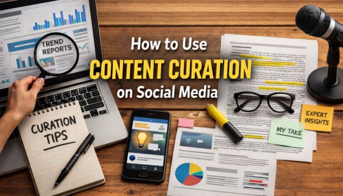 How to Use Content Curation on Social Media with a desk setup showing reports, mobile content planning, charts, and social media strategy notes.