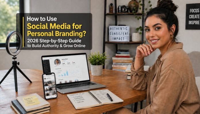 How to use social media for personal branding workspace setup with laptop and content creation tools