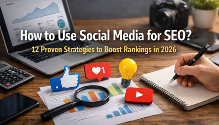 How to Use Social Media for SEO with analytics dashboard, social icons, charts, and content planning workspace