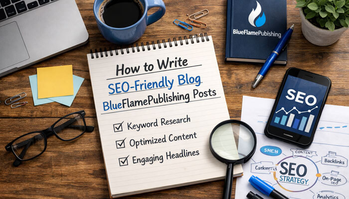 How to Write SEO-Friendly Blog BlueFlamePublishing Posts - Startup Editor | Startup Editor How to Write SEO-Friendly Blog Posts by BlueFlamePublishing. A desk with a to-do list highlighting essential SEO strategies like keyword research, optimized content, and engaging headlines.