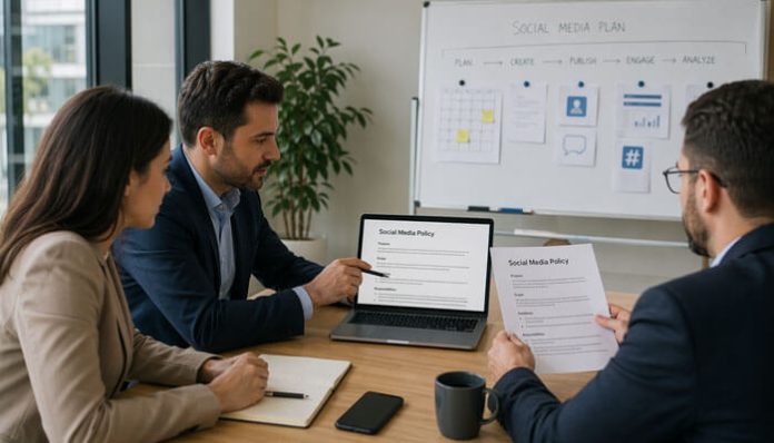 Team reviewing how to write a social media policy during a business meeting