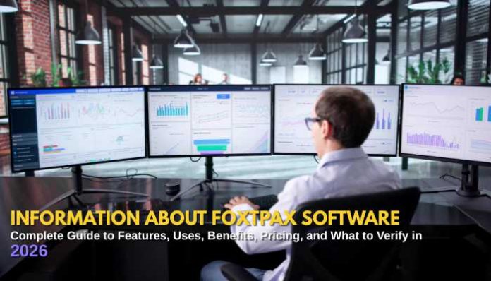 Information about Foxtpax software shown on multiple monitoring screens in a modern tech workspace