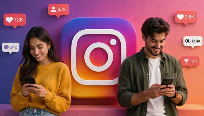 Instagram - Startup Editor | Startup Editor How to Promote an Event on Social Media? Visual showing Instagram marketing strategy with engagement metrics, likes, shares, and users interacting on mobile to boost event reach and audience engagement