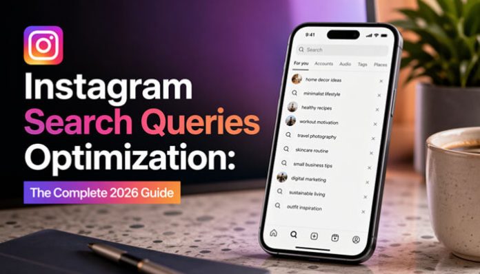 Instagram Search Queries Optimization guide displayed on smartphone screen with search suggestions and content strategy for 2026 growth