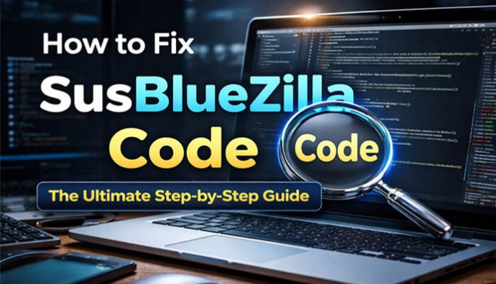 How to Fix SusBlueZilla Code: A comprehensive guide on troubleshooting and resolving SusBlueZilla code errors. This image features a step-by-step guide to fixing programming issues related to SusBlueZilla software with the help of a magnifying glass and a laptop screen displaying coding solutions.