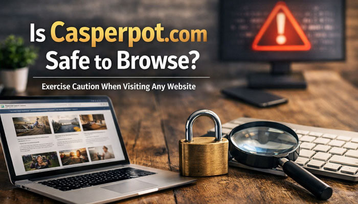 Is Casperpot com Safe to Browse - Startup Editor | Startup Editor Is Casperpot com safe to browse? This image shows a magnifying glass and padlock alongside a computer screen, symbolizing caution when visiting websites. The image focuses on assessing the security and safety of Casperpot.com, offering insights into its reliability and the necessary precautions for online browsing.