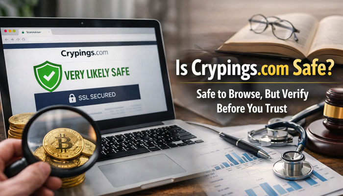 Is Crypings com Safe - Startup Editor | Startup Editor An analysis of Crypings.com’s safety, showing the 'Very Likely Safe' SSL certification on its homepage. The image includes a magnifying glass over Bitcoin, symbolizing the need for verification before trusting online platforms. It also features financial tools, charts, and a law book, underscoring the importance of security and trust when browsing or investing online.