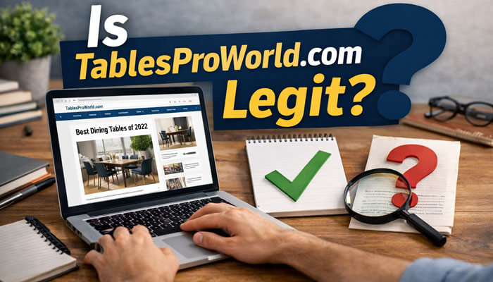 Is TablesProWorld com Legit - Startup Editor | Startup Editor An image showing a review of TablesProWorld.com, focusing on whether the website is legit. The image features a laptop displaying the site’s content on 'Best Dining Tables of 2022,' alongside a green check mark and red question mark, symbolizing the legitimacy evaluation of TablesProWorld.com in 2026.