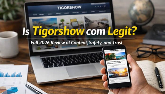 Tigorshow com website displayed on a laptop and smartphone, showcasing an article layout. The image highlights a content review of Tigorshow com, focusing on its legitimacy, safety, and trustworthiness. The site appears to be a general content platform with categories in lifestyle, finance, health, and more.