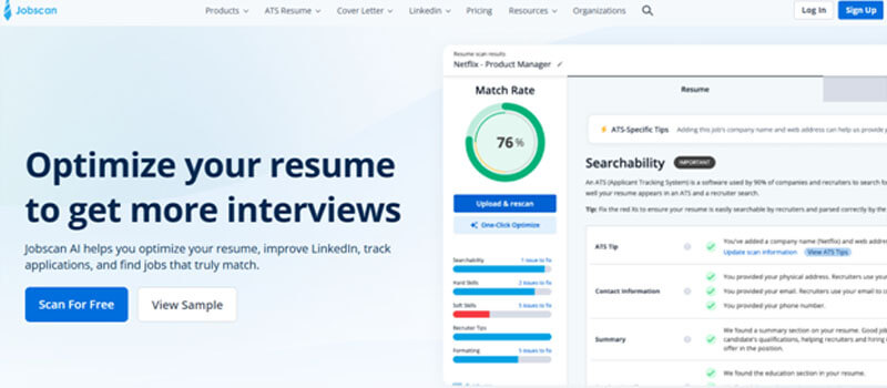 Jobscan - Startupeditor | Startup Editor Hero section for Jobscan: left-side headline 'Optimize your resume to get more interviews' with blue 'Scan For Free' and 'View Sample' buttons; right-side UI screenshot of a resume optimization dashboard showing match rate and searchability.