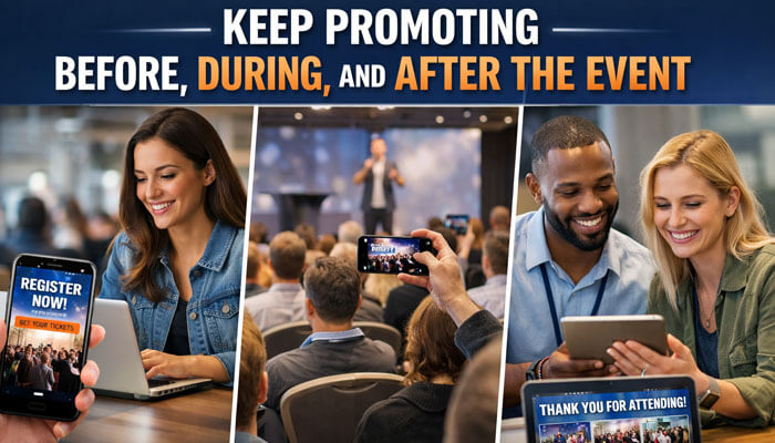 Keep Promoting Before During and After the Event - Startup Editor | Startup Editor How to Promote an Event on Social Media? event marketing image showing pre-event registration, live in event content sharing, and post event follow up strategies that improve visibility, engagement, attendance, and long term audience retention