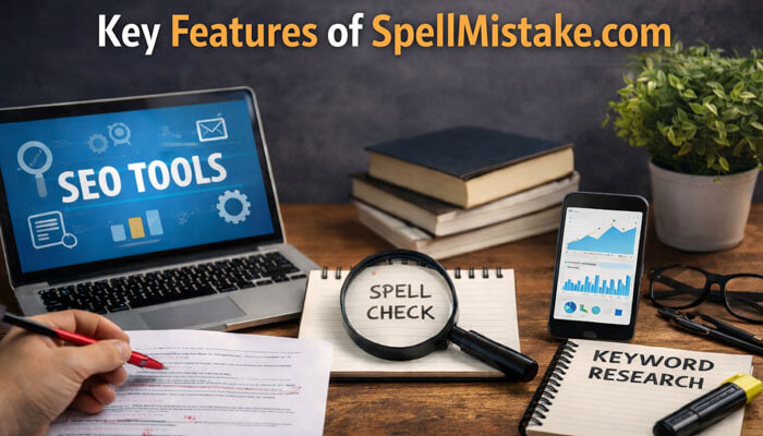 Key Features of SpellMistake.com | Startup Editor Key features of SpellMistake.com showing SEO tools, spell check, and keyword research on a desktop workspace
