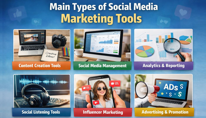 Main Types of Social Media Marketing Tools - Startupeditor | Startup Editor What Are Social Media Marketing Tools explained through main types including content creation, analytics, social listening, influencer marketing, and advertising