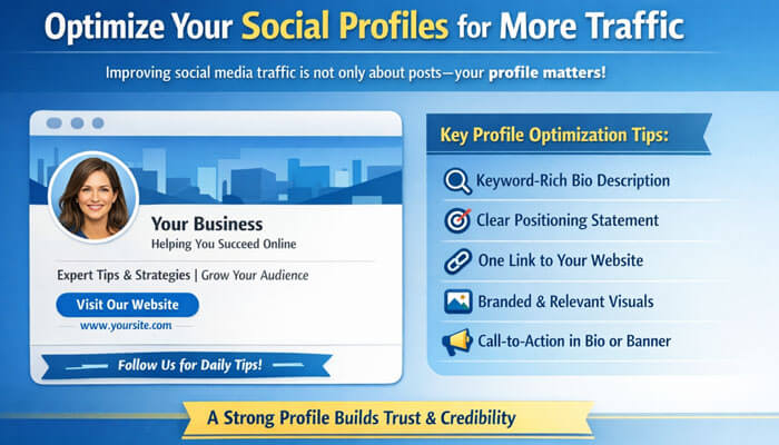 Optimize Your Social Profiles for More Traffic - Startupeditor | Startup Editor How to Improve Social Media Traffic by optimizing social media profiles with keyword-rich bio, clear positioning, and strong call-to-action