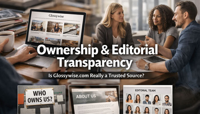 Ownership and Editorial Transparency - Startup Editor | Startup Editor Glossywise com Ownership & Editorial Transparency: A critical analysis of the site's ownership, editorial team, and transparency practices. This image highlights key sections of Glossywise.com, including their 'About Us' and 'Editorial Team' pages, to evaluate the site's credibility and trustworthiness. It explores whether Glossywise.com provides sufficient transparency regarding its ownership and editorial practices to be considered a reliable source of information.