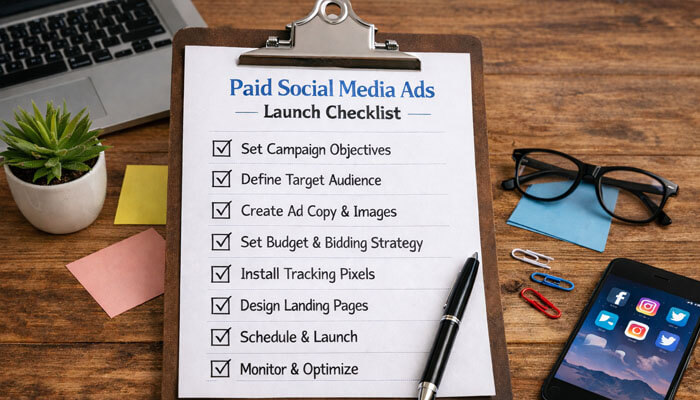 Paid Social Media Ads Launch Checklist - Startupeditor | Startup Editor Paid social media ads launch checklist on a clipboard with phone and desk tools, explaining how to run paid social media ads step by step.