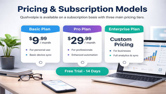 Pricing & Subscription Models - Startup Editor | Startup Editor Discover the pricing & subscription models for What Qushvolpix helps with. From the Basic Plan to the Pro and Enterprise Plans, Qushvolpix offers tailored solutions for personal use, professionals, and businesses. Streamline your workflows, enhance automation, and manage your devices with flexible pricing and a free 14-day trial.