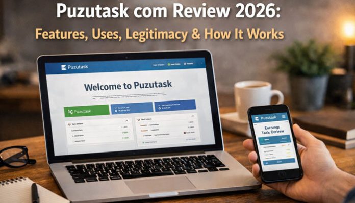 Image showing the homepage of Puzutask.com on both a laptop and smartphone in 2026, highlighting its user friendly interface for task tracking, earnings overview, and various features that make Puzutask a legitimate online platform for earning money.