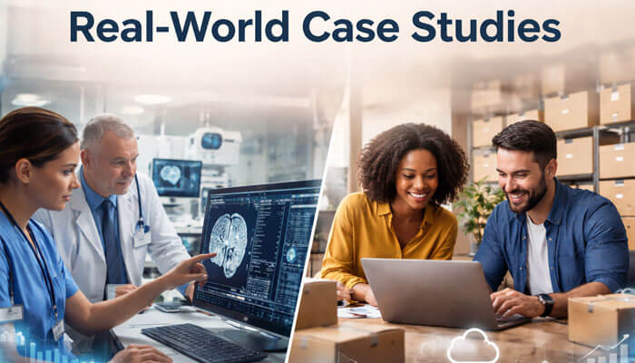 Real-World Case Studies - Startup Editor | Startup Editor Tech Tales Pro-Reed features real-world case studies showcasing the practical application of technology in fields like healthcare and business. The image displays a healthcare professional analyzing advanced imaging technology alongside a business team collaborating on cloud-based solutions. Tech Tales Pro-Reed emphasizes how case studies make complex technology concepts tangible, highlighting real-life examples of digital transformation across industries.