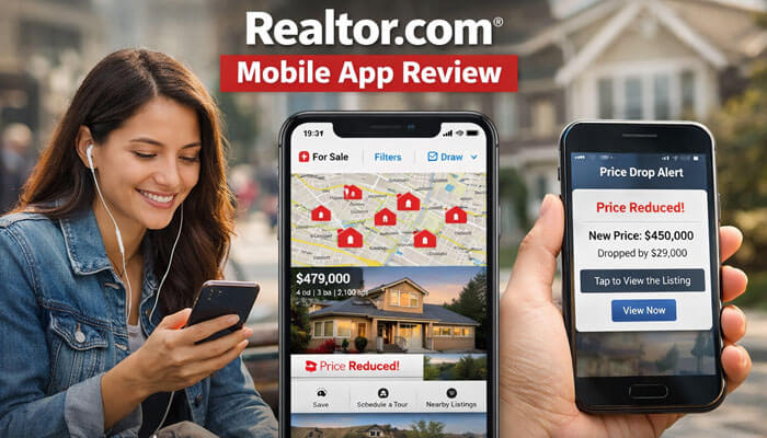 Realtor com Mobile App Review - Startup editor | Startup Editor Realtor.com mobile app interface showcasing a home search map, price drop alerts, and featured listings. The app provides users with essential real estate tools to browse homes for sale, track price changes, schedule tours, and receive customized alerts on mobile devices, making property searches more accessible and streamlined.
