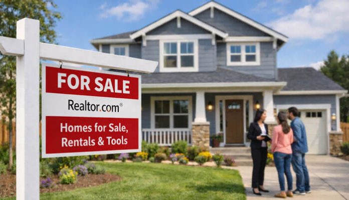Realtor com real estate sign outside a modern home showcasing homes for sale, rentals, and additional tools. Realtor.com provides a comprehensive platform for buying, selling, and renting homes, with a wide array of features designed to assist buyers, sellers, and landlords in managing property transactions.