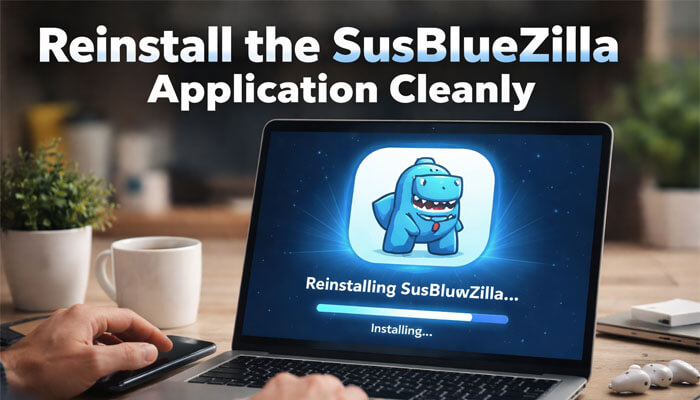 Reinstall the SusBlueZilla Application Cleanly - Startup Editor | Startup Editor How to Fix SusBlueZilla Code: This image demonstrates the process of cleanly reinstalling the SusBlueZilla application, with the installation progress bar visible on the screen. The image highlights the steps to ensure proper reinstallation for resolving code-related issues.