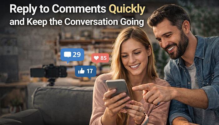 Reply to Comments Quickly and Keep the Conversation Going - Startup Editor | Startup Editor How to Increase Interactions on Social Media? A couple replying to comments on their phones, showing the importance of quick responses to keep social media conversations going, with like and comment statistics visible.