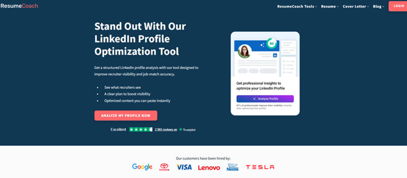 ResumeCoach - Startupeditor | Startup Editor Hero banner promoting a LinkedIn profile optimization tool with a red 'Analyze my profile now' button and a sample profile card on the right on a dark blue background.