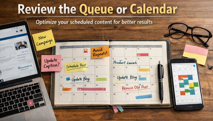 Review the queue or calendar - Startup Editor | Startup Editor Guide to scheduling posts on social media, featuring a calendar and planner with notes on updating captions, scheduling posts, and avoiding content repetition.