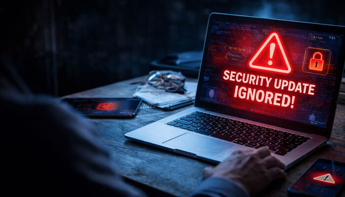 Risks of Ignoring Cybersecurity Updates - Startupeditor | Startup Editor Droven io Cybersecurity Updates warning screen showing ignored security updates and rising cyber risk on a laptop