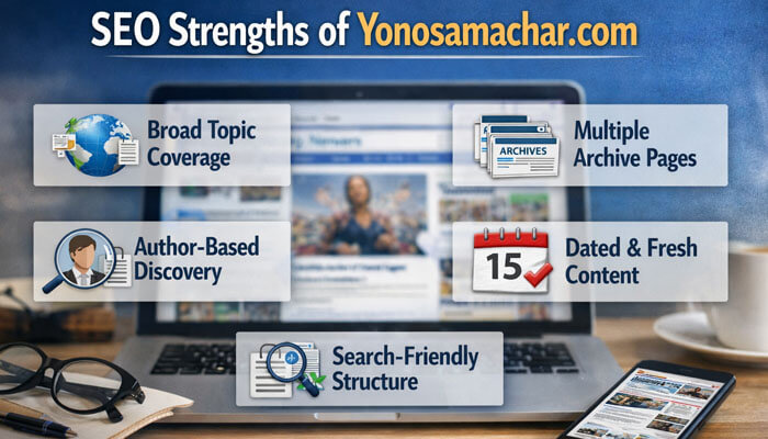 SEO Strengths of Yonosamachar com - Startup Editor | Startup Editor SEO Strengths of Yonosamachar.com A detailed overview showcasing its broad topic coverage, author-based discovery, multiple archive pages, dated and fresh content, and search friendly structure for improved SEO performance and user engagement.