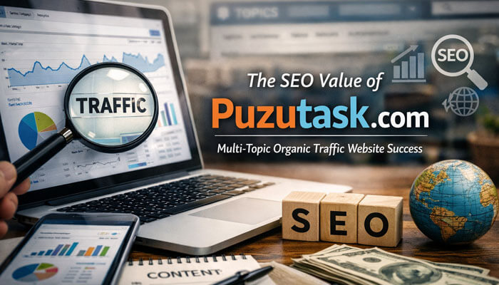 SEO Value of Puzutask com - Startup Editor | Startup Editor SEO analysis of Puzutask.com, showing charts and data visualizations highlighting organic traffic growth, SEO strategies, and performance. The image emphasizes Puzutask’s success in driving traffic and optimizing its multi-topic content for better online visibility.