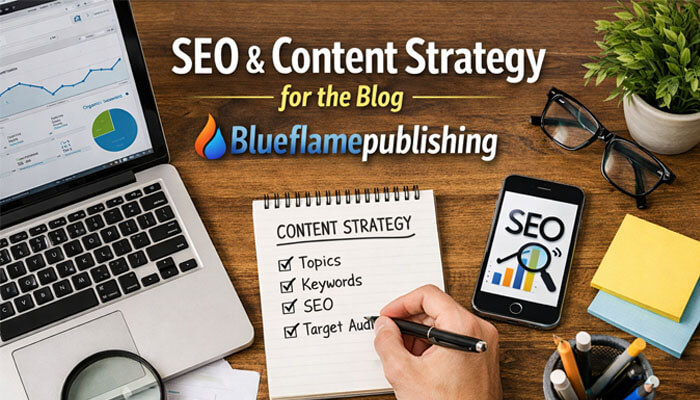 SEO and Content Strategy for the Blog Blueflamepublishing - Startup Editor | Startup Editor The Blog Blueflamepublishing SEO and content strategy workspace with keyword planning, topic research, analytics charts, and audience targeting tools.