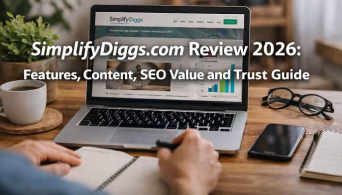 SimplifyDiggs.com review for 2026 In-depth look at its features, content, SEO value, and trust signals. The image shows a person reviewing the SimplifyDiggs website, showcasing its interface with data insights and user friendly design.