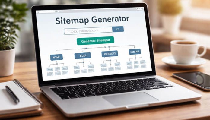Sitemap Generator Uploadarticle.com tool displayed on a laptop screen showing XML sitemap creation workflow