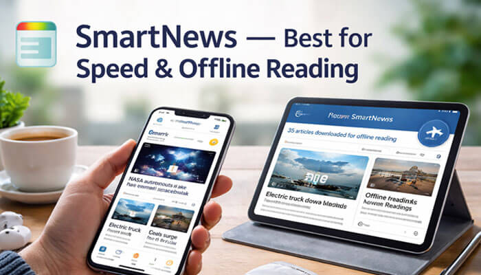 SmartNews — Best for Speed & Offline Reading - Startup Editor | Startup Editor Which News App Is the Best Scookietech? showing SmartNews on phone and tablet screens highlighting speed and offline reading features in top news app comparison.