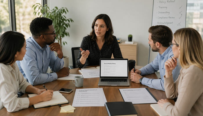 Social Media Policy Implementation Plan - Startupeditor | Startup Editor Business team learning how to write a social media policy in an office meeting