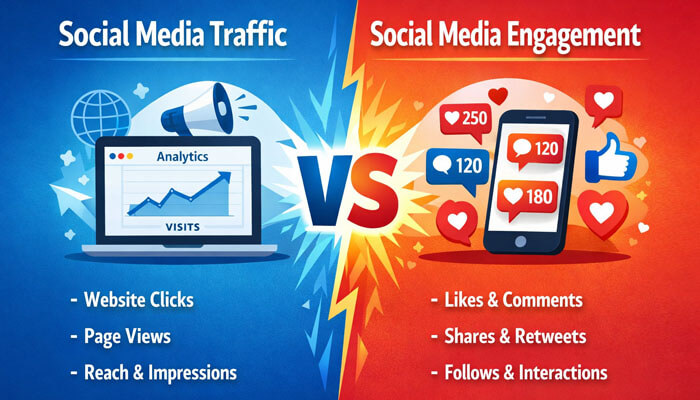 Social Media Traffic vs Social Media Engagement - Startupeditor | Startup Editor How to Improve Social Media Traffic explained through comparison of traffic metrics like clicks and impressions versus engagement metrics like likes and shares