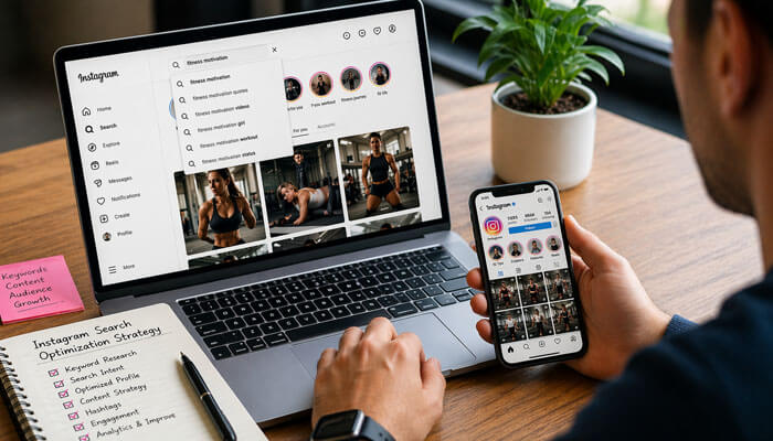 Step-by-Step Instagram Search Query Optimization Strategy - Startupeditor | Startup Editor Instagram Search Queries Optimization workflow with laptop and smartphone showing keyword research, profile optimization, and content planning