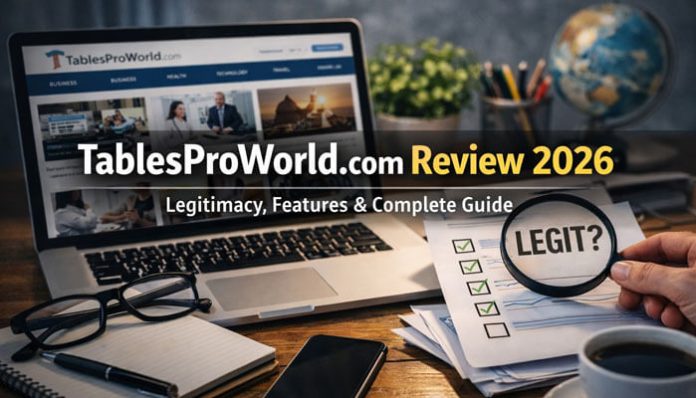 Comprehensive review of TablesProWorld.com in 2026, focusing on its legitimacy, features, and services. The image features a desktop setup with a website overview of the site and a checklist symbolizing legitimacy. An essential resource for anyone evaluating TablesProWorld.com for credible information and valuable resources across various sectors like business, health, and technology.