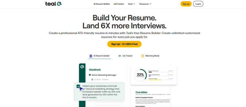 Teal - Startupeditor | Startup Editor Teal resume builder hero: 'Build Your Resume. Land 6X more Interviews.' with a yellow Sign Up button.