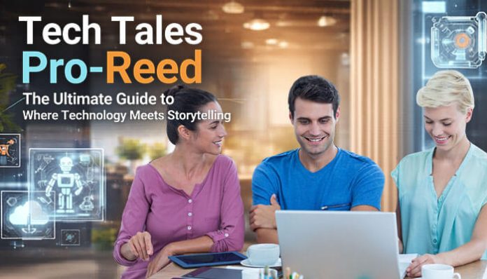 Tech Tales Pro-Reed brings technology and storytelling together by showcasing the human side of digital innovation. The image features three individuals engaged in collaborative tech discussions while exploring complex concepts with ease. Tech Tales Pro-Reed is a platform that simplifies the understanding of modern tech topics through storytelling, aimed at making technology more relatable and accessible to everyone.