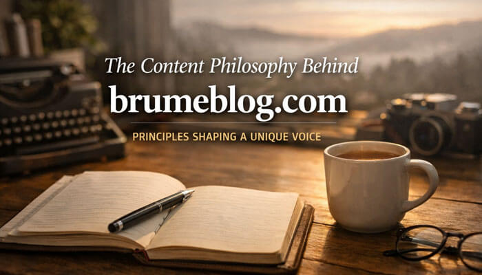 The Content Philosophy Behind brumeblog com- Startup Editor | Startup Editor Brumeblog.com content philosophy - A cup of coffee beside an open notebook with a vintage typewriter in the background, symbolizing the principles behind Brumeblog.com and its unique voice in content creation.